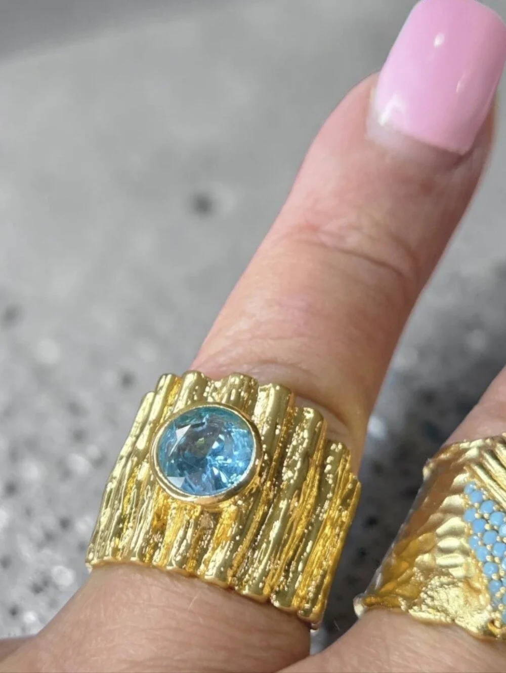 24k Gold Plated Artisan Wide Pleated Band Aquamarine Crystal Statememt Ring